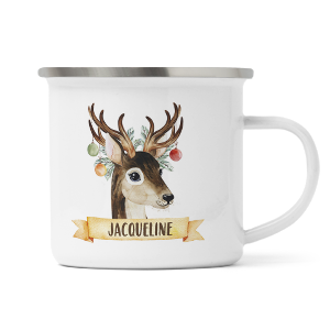 personalised christmas reindeer enamel mug