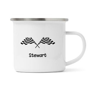 personalised checkered flag enamel mug