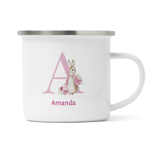 personalised pink rabbit letter a enamel mug