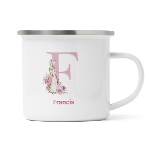 personalised pink rabbit letter f enamel mug
