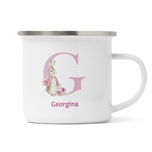 personalised pink rabbit letter g enamel mug