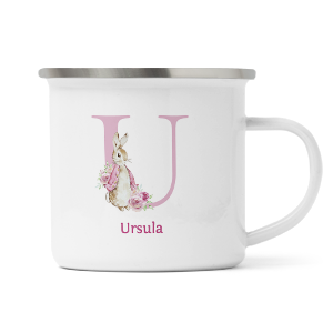 personalised pink rabbit letter u enamel mug