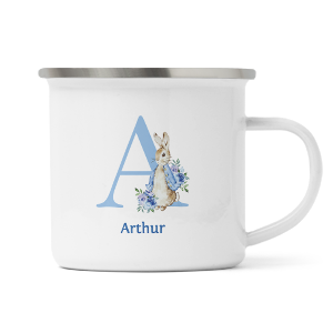 personalised blue rabbit letter a enamel mug