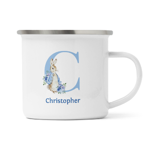 personalised blue rabbit letter c enamel mug