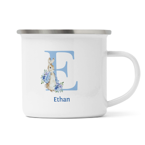 personalised blue rabbit letter e enamel mug