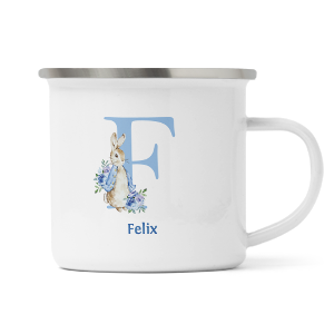 personalised blue rabbit letter f enamel mug