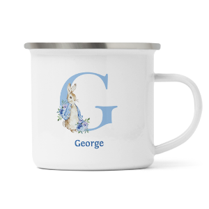 personalised blue rabbit letter g enamel mug