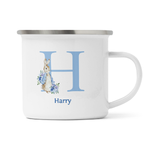 personalised blue rabbit letter h enamel mug