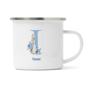 personalised blue rabbit letter i enamel mug