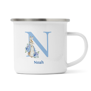 personalised blue rabbit letter n enamel mug