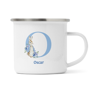 personalised blue rabbit letter o enamel mug