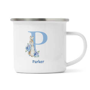 personalised blue rabbit letter p enamel mug