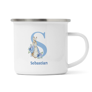 personalised blue rabbit letter s enamel mug