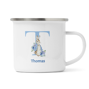 personalised blue rabbit letter t enamel mug