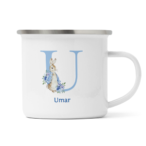 personalised blue rabbit letter u enamel mug