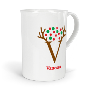 personalised antler baubles letter V fine bone china mug