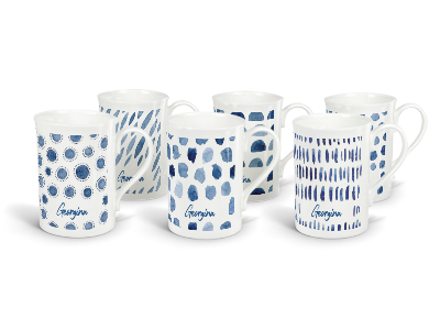 personalised indigo fine bone china mugs (set of 6)