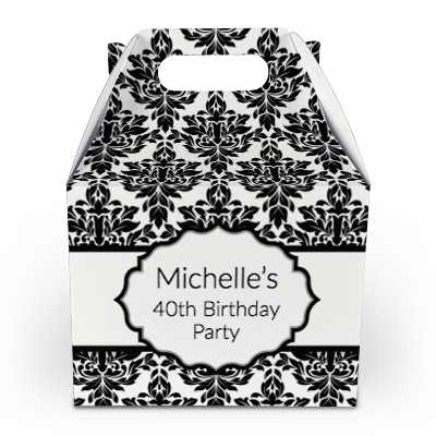 black and white damask party boxes