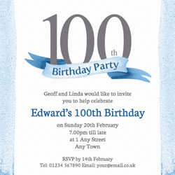 blue 100th square party invitations