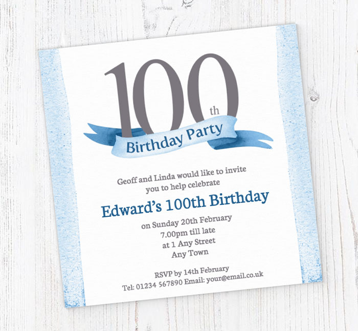 blue 100th square party invitations