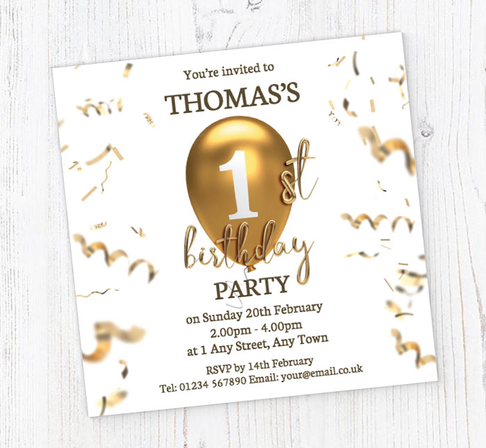 1st gold birthday balloon invitations