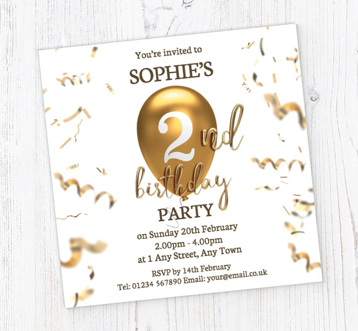 2nd gold birthday balloon invitations