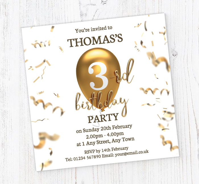 3rd gold birthday balloon invitations