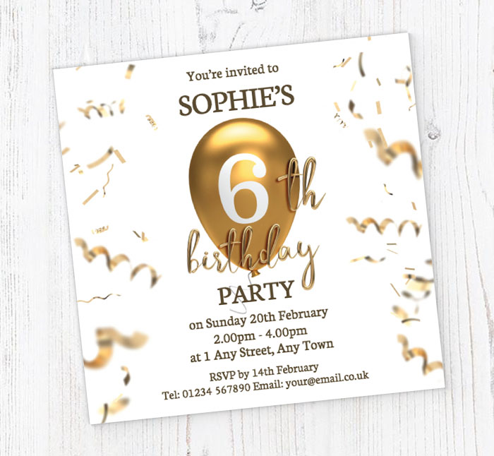 6th gold birthday balloon invitations