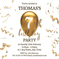 7th gold birthday balloon invitations