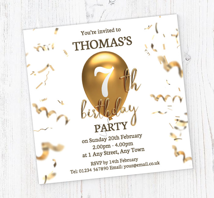 7th gold birthday balloon invitations
