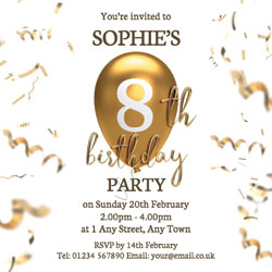 8th gold birthday balloon invitations