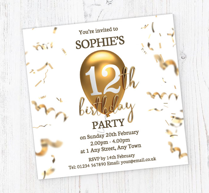 12th gold birthday balloon invitations