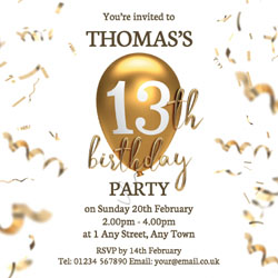 13th gold birthday balloon invitations