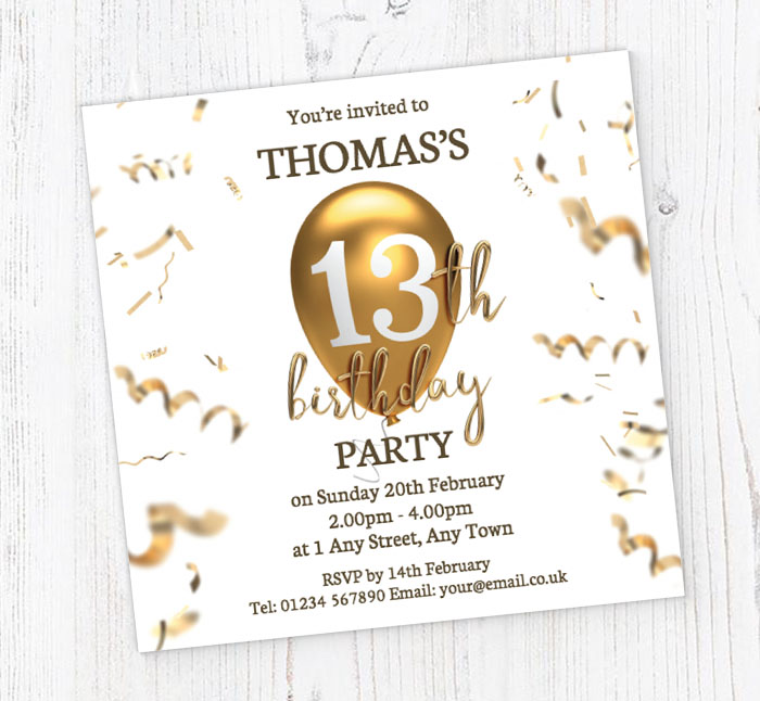 13th gold birthday balloon invitations