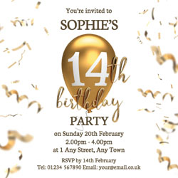 14th gold birthday balloon invitations