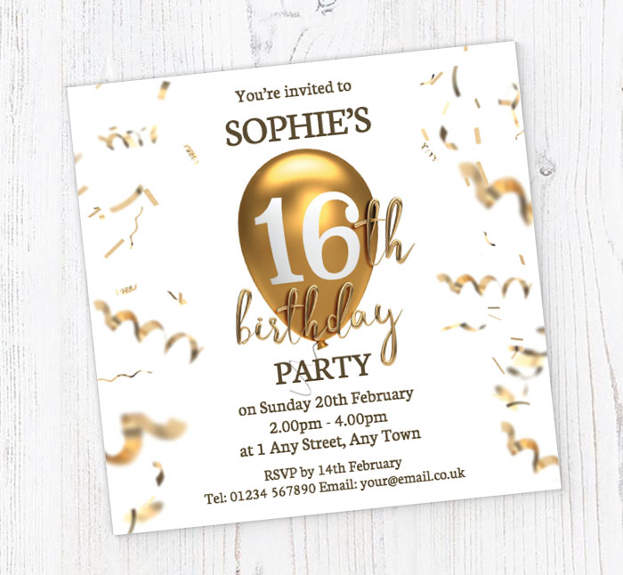 16th gold birthday balloon invitations