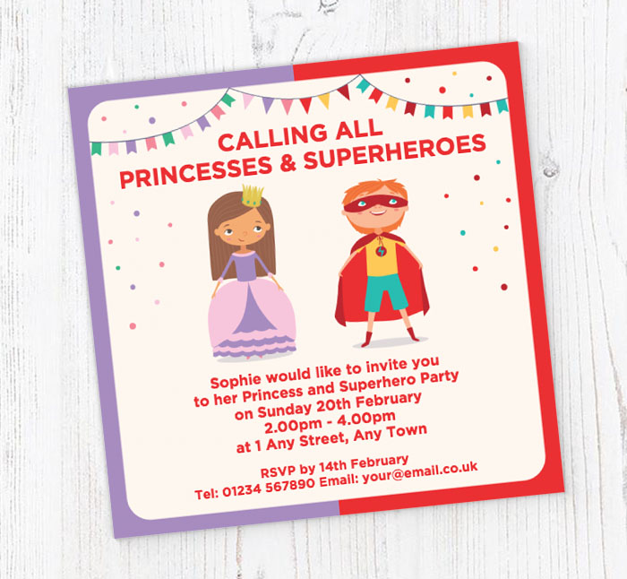 princess and superhero invitations
