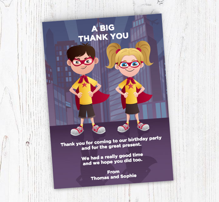 superhero joint birthday party thank you cards