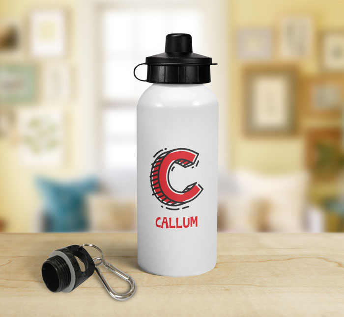 personalised letter c doodle sports water bottle