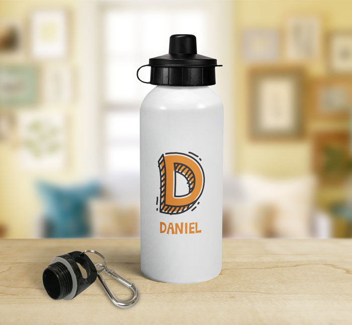 personalised letter d doodle sports water bottle