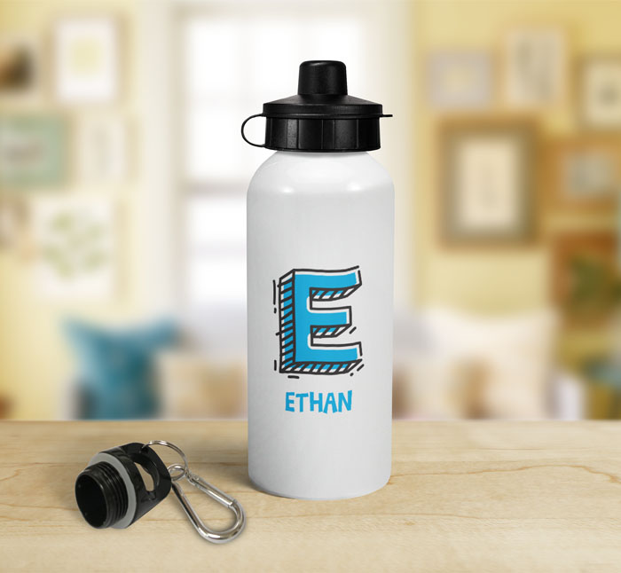 personalised letter e doodle sports water bottle