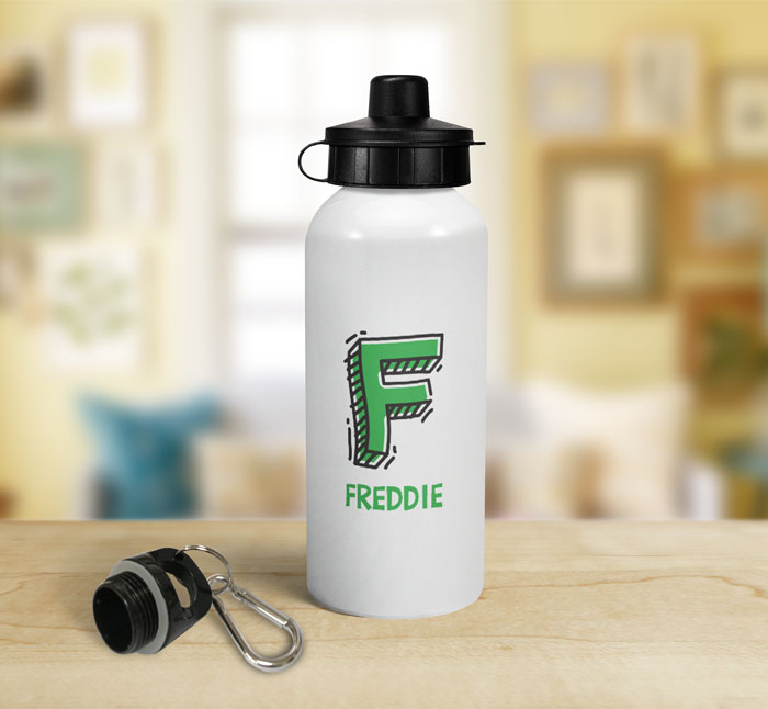 personalised letter f doodle sports water bottle