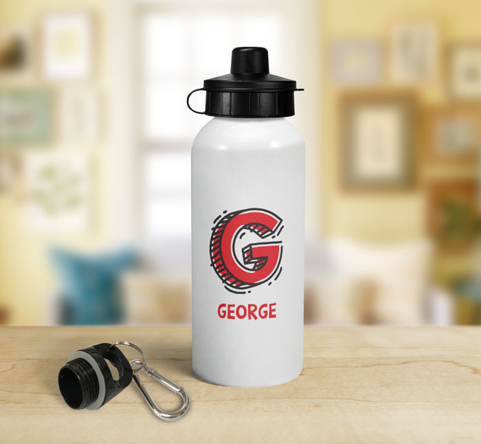 personalised letter g doodle sports water bottle