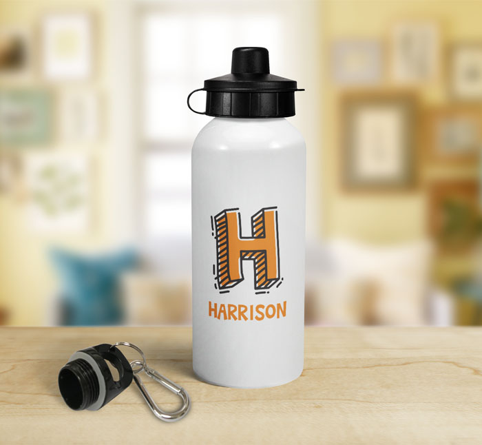 personalised letter h doodle sports water bottle