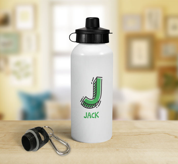 personalised letter j doodle sports water bottle
