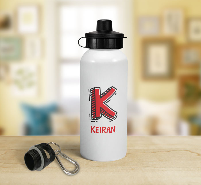 personalised letter k doodle sports water bottle