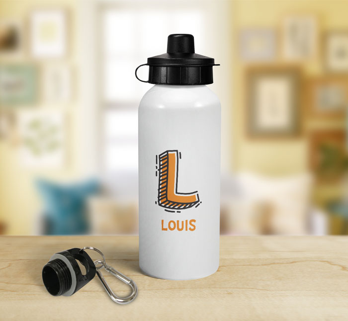 personalised letter l doodle sports water bottle