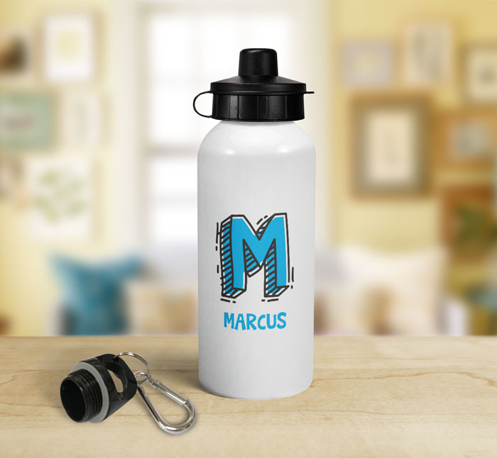 personalised letter m doodle sports water bottle