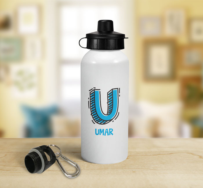 personalised letter u doodle sports water bottle