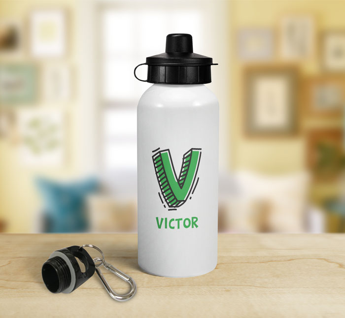 personalised letter v doodle sports water bottle